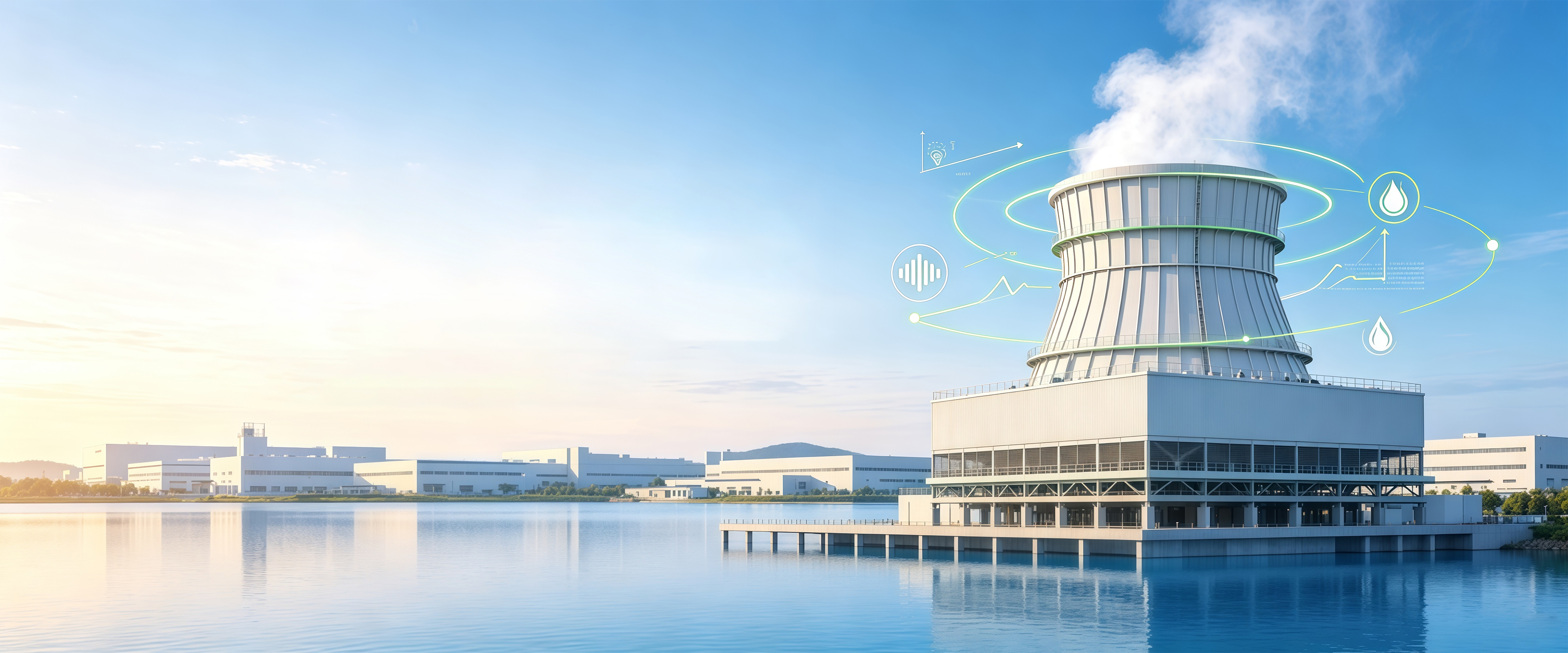 Large cooling tower standing at the edge of a lake beside white industrial buildings at sunrise